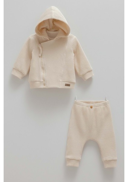 Soft Teddy Kapüşonlu Üçlü Takım - Caramell - TKU1863 - Ekru - 9 - 12 Ay - TKU1863-EKRU-9 - 12 Ay Ekru