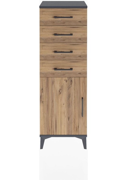 Arges Dolap Tek Raflı 4 Çekmeceli Tek Kapaklı 44X30X134 Antrasit-Çam