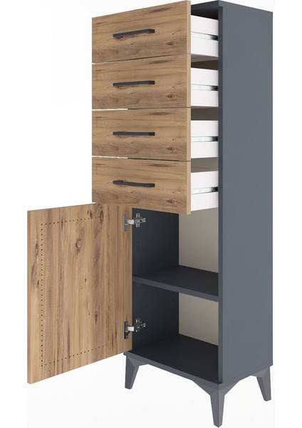 Arges Dolap Tek Raflı 4 Çekmeceli Tek Kapaklı 44X30X134 Antrasit-Çam fırsatları