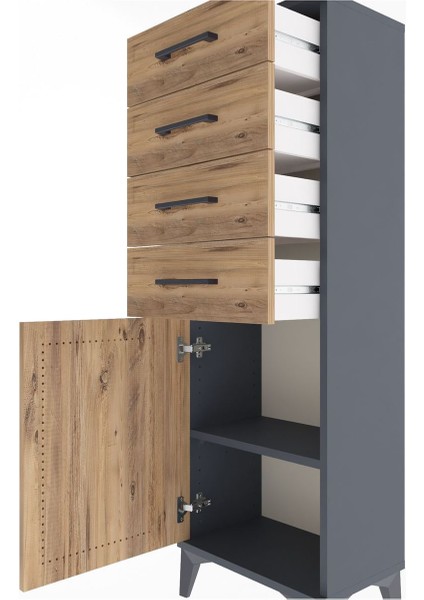 Arges Dolap Tek Raflı 4 Çekmeceli Tek Kapaklı 44X30X134 Antrasit-Çam indirimleri