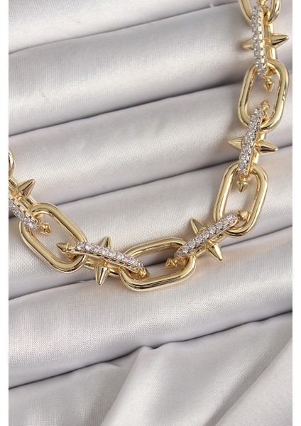 Pirinç Gold Renk Zirkon Taşlı Dikenli Halka Model Vıp Exculusive Seri Kadın Kolye