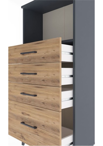 Arges Dolap Tek Raflı 4 Çekmeceli 60X30X134 Antrasit-Çam indirimleri