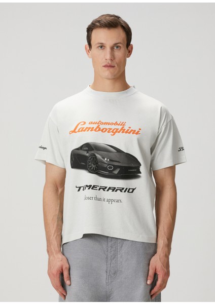 Beyaz Lamborghini Baskılı T-Shirt