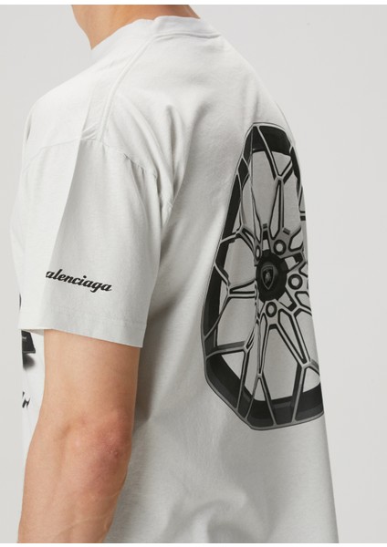 Beyaz Lamborghini Baskılı T-Shirt