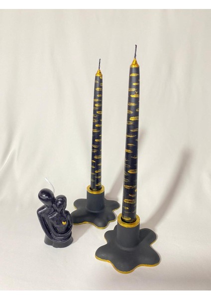 Gold Siyah Zebra Desenli 2’li Şamdan Mum ve Şamdan 4lü Set
