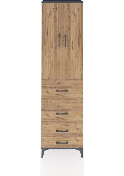 Arges Dolap 2 Raflı 4 Çekmeceli Tek Askılı 60X30X221 Antrasit-Çam