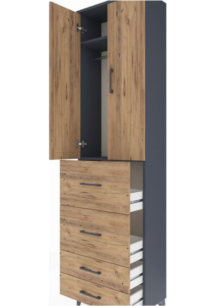 Arges Dolap 2 Raflı 4 Çekmeceli Tek Askılı 60X30X221 Antrasit-Çam indirimleri