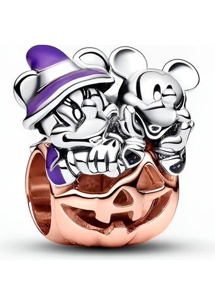 925 Ayar Gümüş Disney Mickey ve Minnie Mouse Cadılar Bayramı Charm