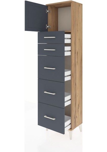 Arges Dolap Tek Raflı 5 Çekmeceli Tek Kapaklı 44X30X182 Çam-Antrasit fırsatları