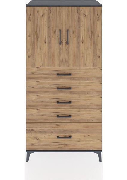 Hyperion Dolap Tek Raflı 5 Çekmeceli 2 Kapaklı 88X44X182 Antrasit-Çam