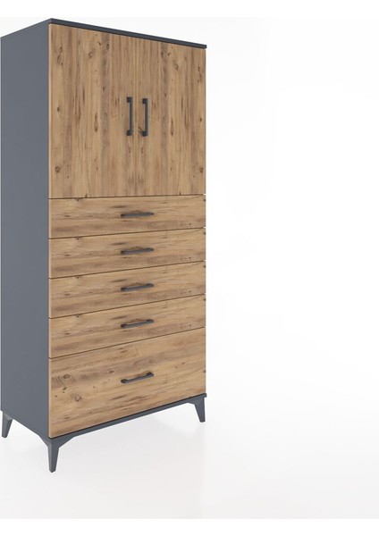 Hyperion Dolap Tek Raflı 5 Çekmeceli 2 Kapaklı 88X44X182 Antrasit-Çam fiyatları