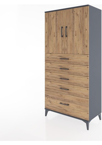 Hyperion Dolap Tek Raflı 5 Çekmeceli 2 Kapaklı 88X44X182 Antrasit-Çam modelleri