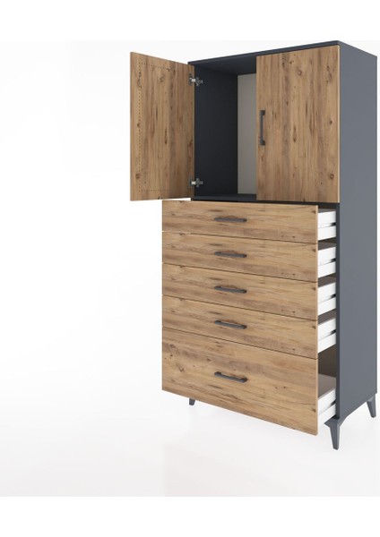 Hyperion Dolap Tek Raflı 5 Çekmeceli 2 Kapaklı 88X44X182 Antrasit-Çam fırsatları