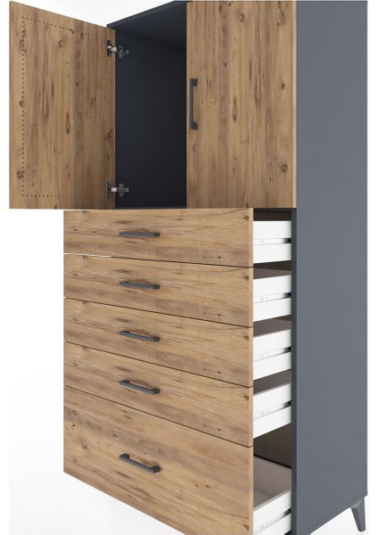 Hyperion Dolap Tek Raflı 5 Çekmeceli 2 Kapaklı 88X44X182 Antrasit-Çam indirimleri