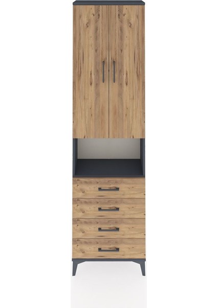 Arges Dolap 4 Raflı 4 Çekmeceli 2 Kapaklı 60X30X221 Antrasit-Çam