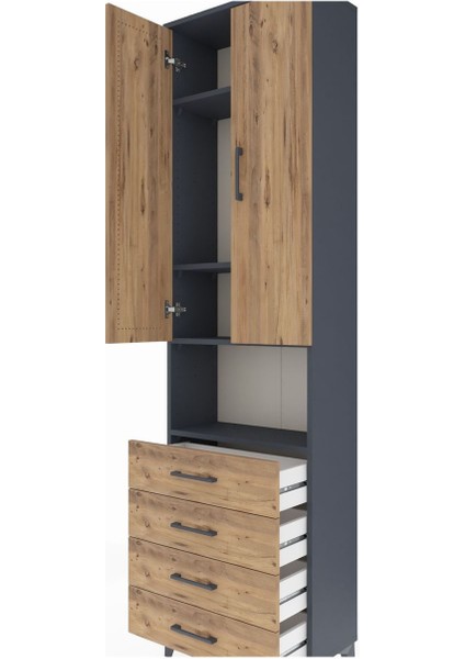 Arges Dolap 4 Raflı 4 Çekmeceli 2 Kapaklı 60X30X221 Antrasit-Çam indirimleri