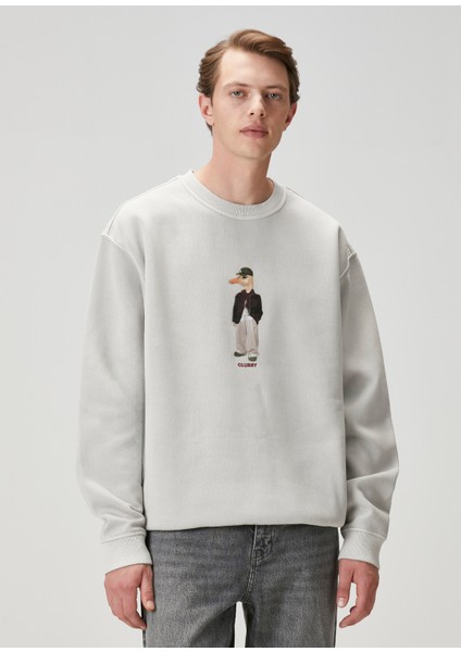Gri Bej Kaz Figürlü Oversized Sweatshirt