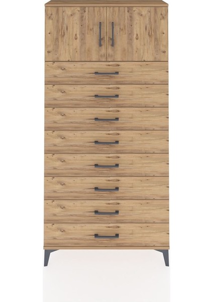 Arges Dolap Tek Raflı 8 Çekmeceli 2 Kapaklı 88X30X182 Çam-Çam