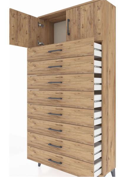 Arges Dolap Tek Raflı 8 Çekmeceli 2 Kapaklı 88X30X182 Çam-Çam indirimleri