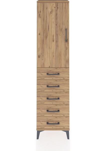 Arges Dolap Tek Raflı 5 Çekmeceli Tek Askılı 44X30X182 Çam-Çam
