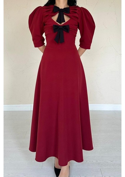 Bordo Ön Dekolteli Fiyonk Garnili Uzun Elbise fırsatları