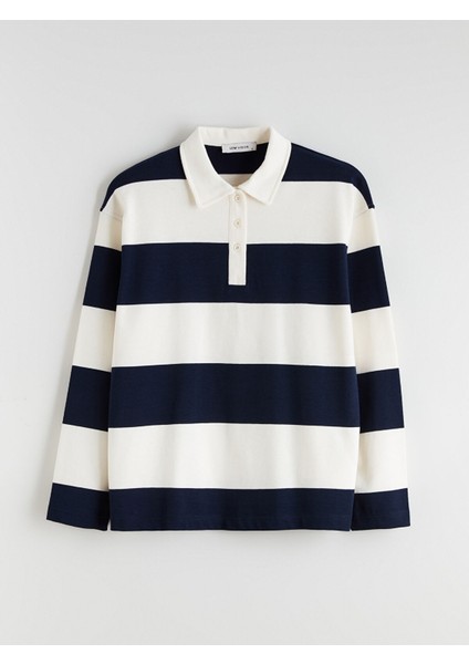 Yeni Sezon Polo Yaka Çizgili Kadın Tişört