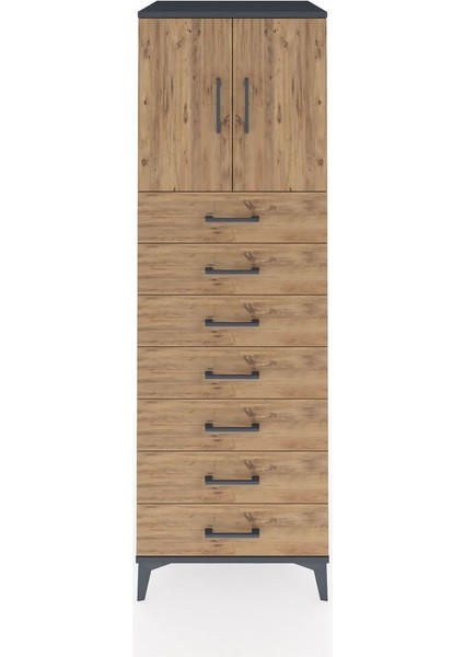 Kronos Dolap Tek Raflı 7 Çekmeceli 2 Kapaklı 60X59X182 Antrasit-Çam