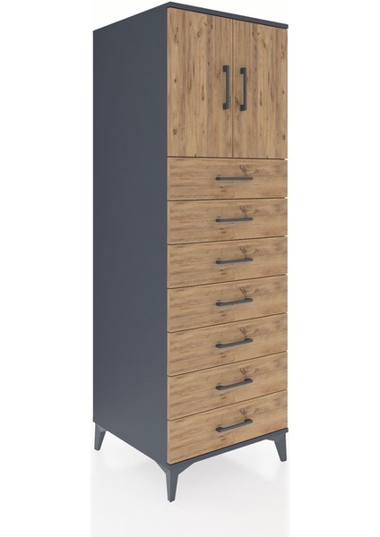 Kronos Dolap Tek Raflı 7 Çekmeceli 2 Kapaklı 60X59X182 Antrasit-Çam fiyatları