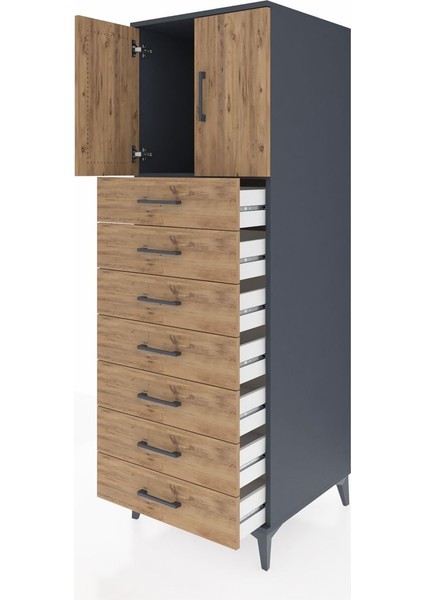 Kronos Dolap Tek Raflı 7 Çekmeceli 2 Kapaklı 60X59X182 Antrasit-Çam fırsatları