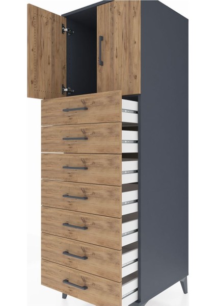 Kronos Dolap Tek Raflı 7 Çekmeceli 2 Kapaklı 60X59X182 Antrasit-Çam indirimleri