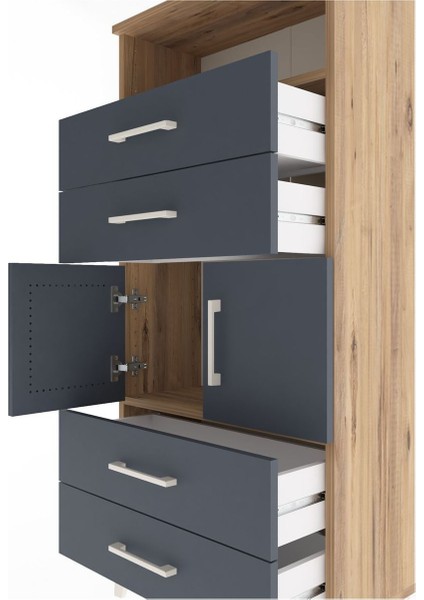 Arges Dolap 2 Raflı 4 Çekmeceli 2 Kapaklı 60X30X134 Çam-Antrasit indirimleri