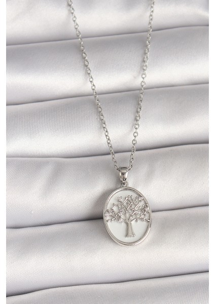 316L Çelik Gümüş Renk Zincir Zirkon Taş Işlemeli Beyaz Mineli Ağaç Işlemeli Portre Model Kadın Kolye - Lisinya