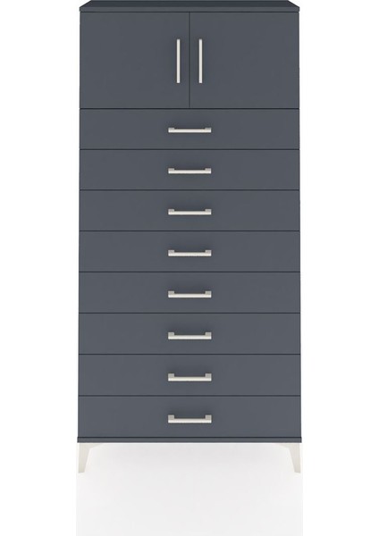 Arges Dolap Tek Raflı 8 Çekmeceli 2 Kapaklı 88X30X182 Antrasit-Antrasit