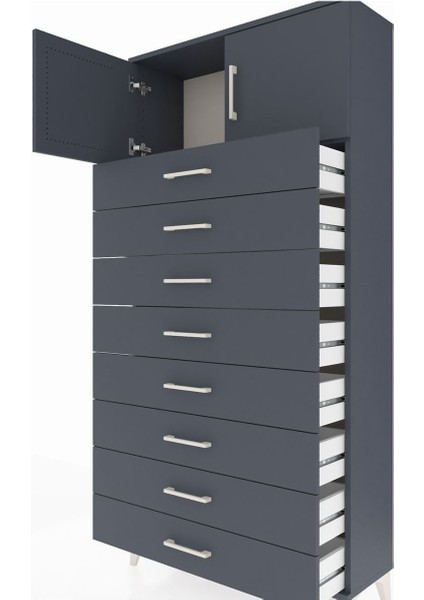 Arges Dolap Tek Raflı 8 Çekmeceli 2 Kapaklı 88X30X182 Antrasit-Antrasit indirimleri