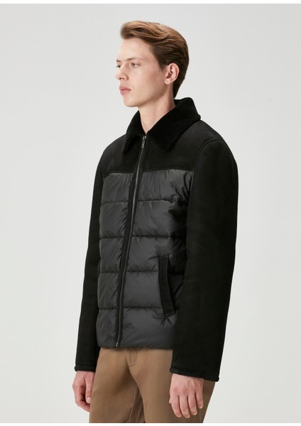 Siyah Kapüşonlu Shearling Detaylı Deri Mont fırsatları
