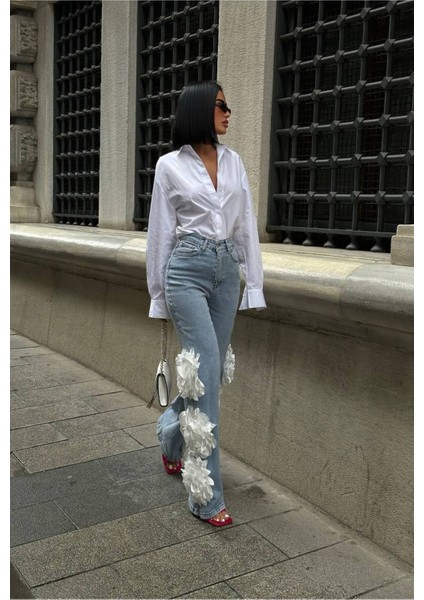 Pinterest Tasarım Gül Detaylı Palazzo Kot Pantolon Ithal Kumaş fiyatları