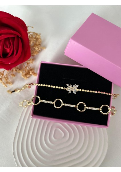 Taşlı Yonca Çiçek Bileklik Ezme Zincir Bileklik Altın Renk 2'li Vip Xuping Set Sevgiliye Hediye modelleri