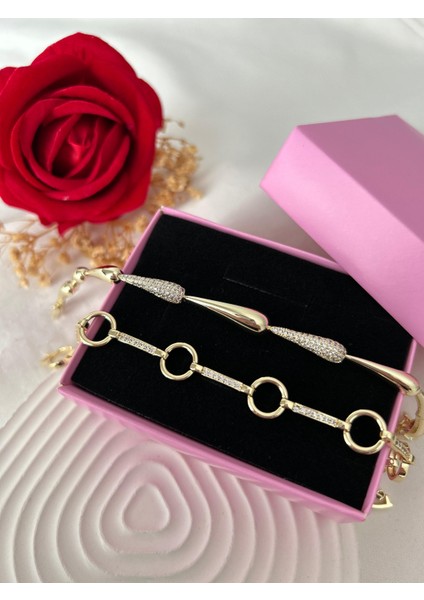 Taşlı Yonca Çiçek Bileklik Ezme Zincir Bileklik Altın Renk 2'li Vip Xuping Set Sevgiliye Hediye