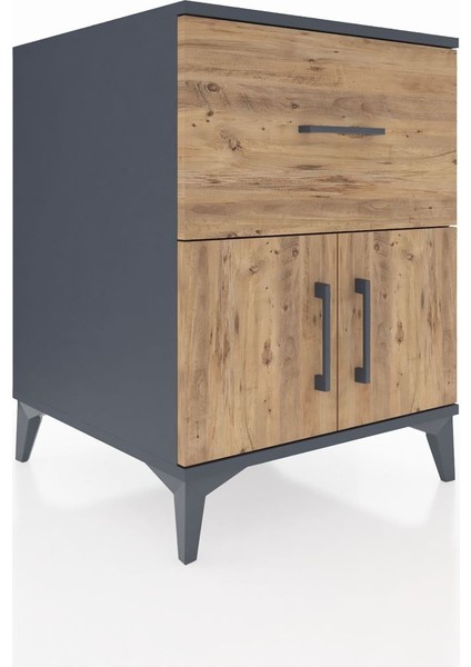 Kronos Komodin Tek Raflı Tek Çekmeceli 2 Kapaklı 60X59X80 Antrasit-Çam fiyatları