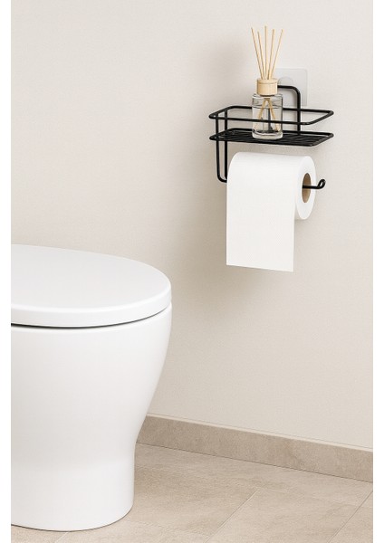 Yapışkanlı Yedekli Tuvalet Kağıtlığı Wc Kağıtlık Tutucu Askısı Mat Siyah