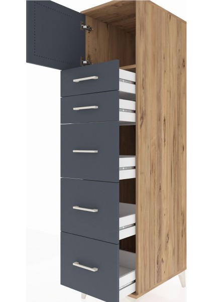 Kronos Dolap Tek Raflı 5 Çekmeceli Tek Kapaklı 44X59X182 Çam-Antrasit indirimleri