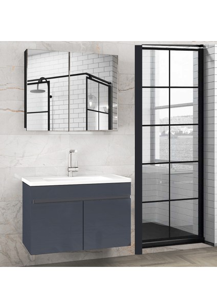 Viola1 Antrasit 80 cm Ayna Dolaplı Seramik Lavabolu Mdf Banyo Dolabı Seti--Hazır Kurulu--