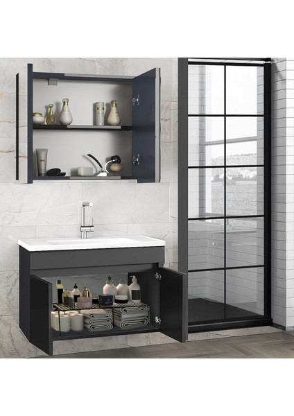 Viola1 Antrasit 80 cm Ayna Dolaplı Seramik Lavabolu Mdf Banyo Dolabı Seti--Hazır Kurulu-- fiyatları