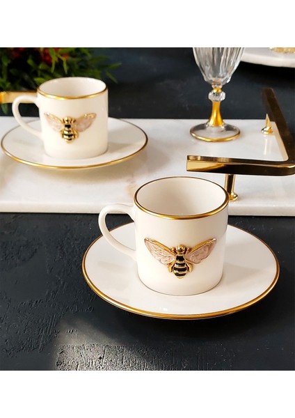 Regna Home Queen Bee 4 Parça 2 Kişilik Yaldızlı Porselen Kahve Fincan Takımı