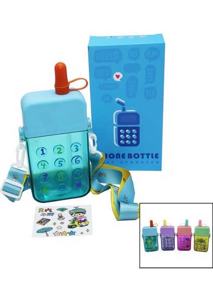 Telefon Modeli Renkli Mika Kristal Suluk Matara Pipetli - Vidalı Kapak - Askılı 300ML (4172)