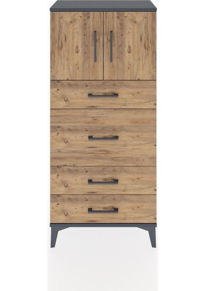 Hyperion Dolap Tek Raflı 4 Çekmeceli 2 Kapaklı 60X44X134 Antrasit-Çam