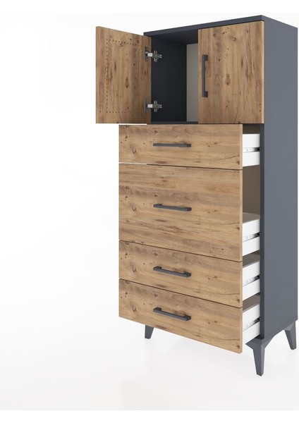Hyperion Dolap Tek Raflı 4 Çekmeceli 2 Kapaklı 60X44X134 Antrasit-Çam fırsatları
