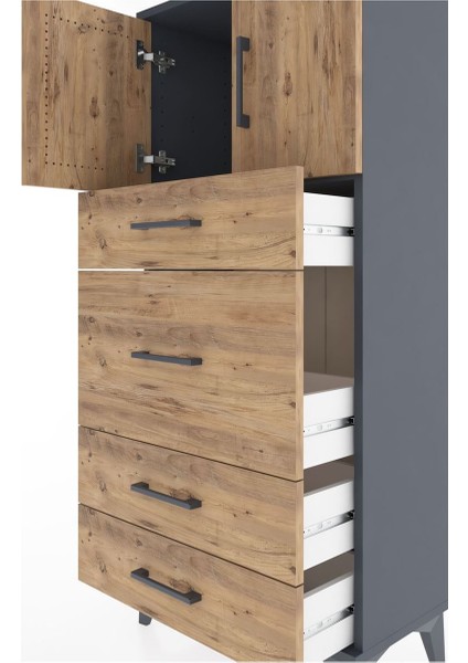 Hyperion Dolap Tek Raflı 4 Çekmeceli 2 Kapaklı 60X44X134 Antrasit-Çam indirimleri