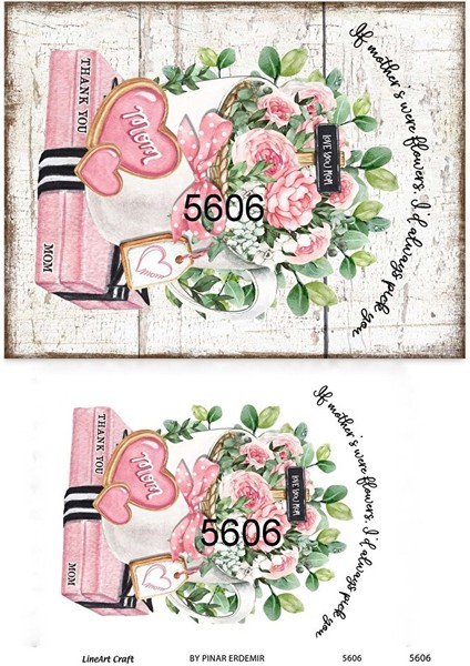 5606 Pembe, Mom, Anneler Günü, Çiçek Desenli Pirinç Dekopaj 30X42