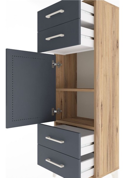 Arges Dolap 2 Raflı 4 Çekmeceli Tek Kapaklı 44X30X134 Çam-Antrasit indirimleri